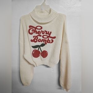 Cream and Red Turtle Neck Sweater with Cherry Motif